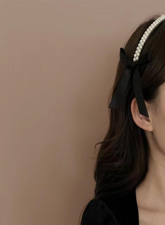TUCEWP Pearl Headbands for Women Girls Sweet Satin Bow Headbands Non Slip Bridal Hair Hoop Cute Black Turban Headband Bling Beaded Head Bands Party Wedding Headwear Vintage Styling Tools Accessories - Image 3